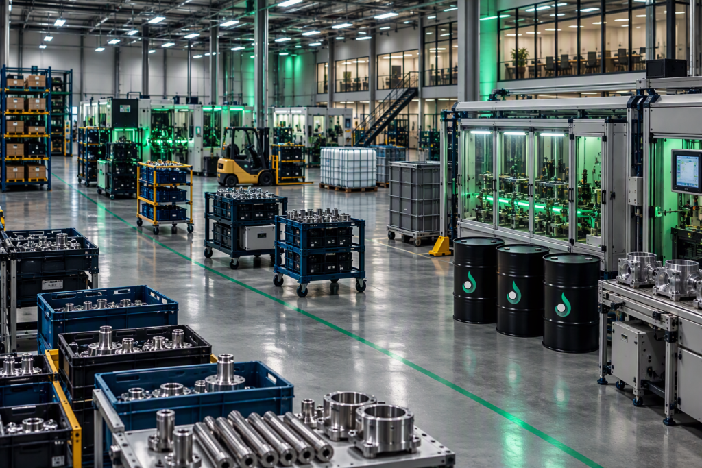 Factory Image 2 Modern manufacturing floor with machines, carts of finished parts, and drums of lubricant